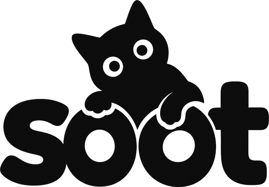 The soot mark: a black cat peeking over the double o of a lowercase wordmark.